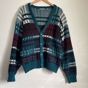 Vintage J.T. Beckett textured cardigan sweater, teal/multi-color, L